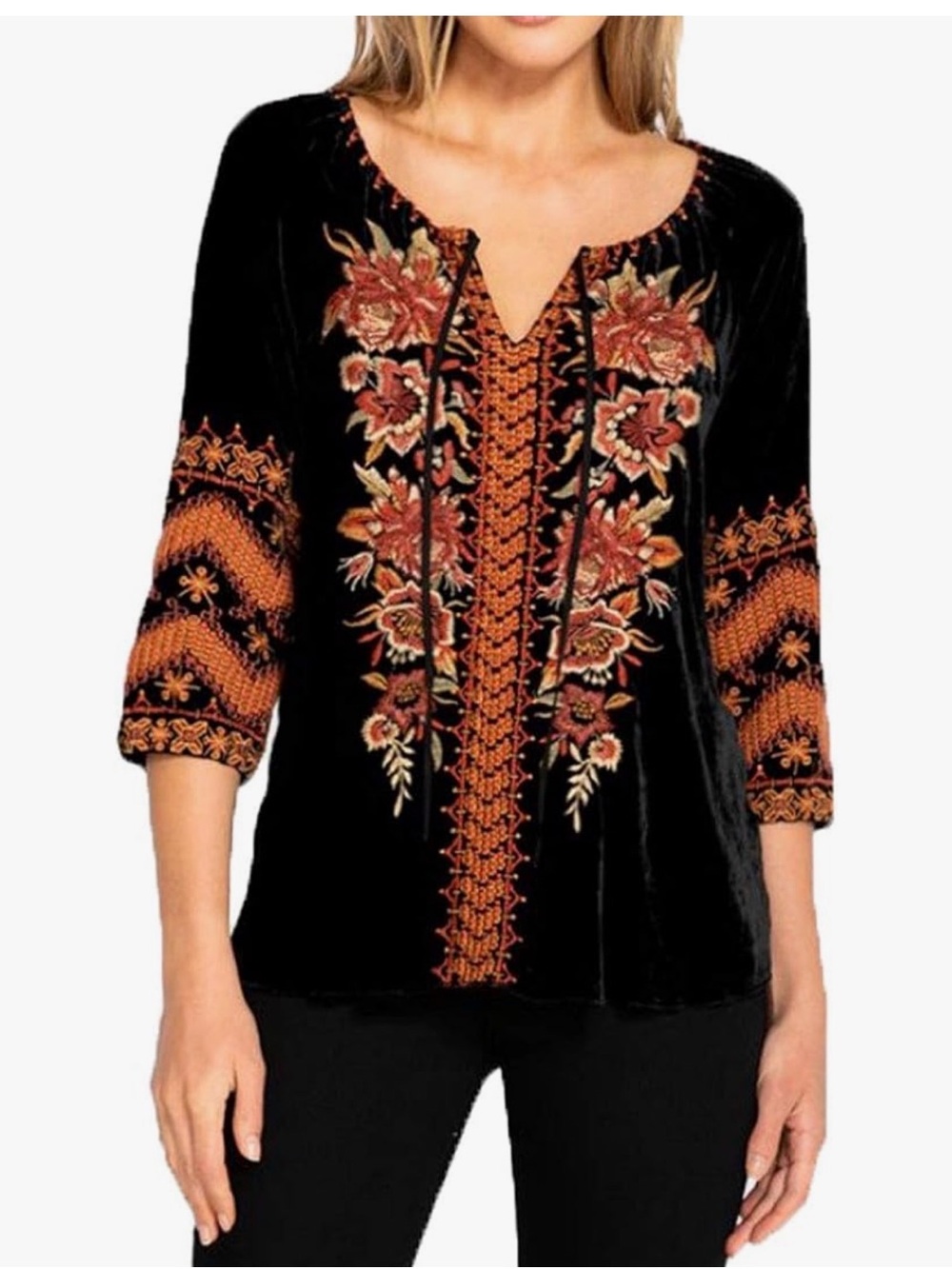 Johnny Was Embroidered Black Velvet Floral Peasant Top